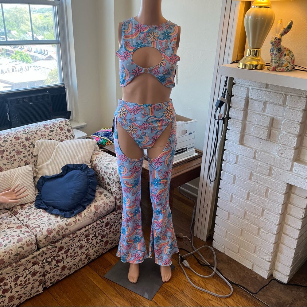 Freedom ravewear funkadelic rainbow mushroom flower festival set - large NWT